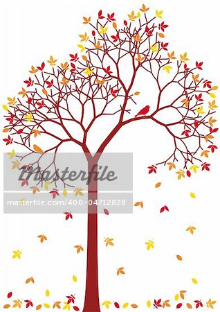 autumn tree with colorful falling leaves, vector