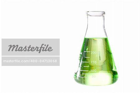 A green liquid in an erlenmeyer flask isolated on a white background.