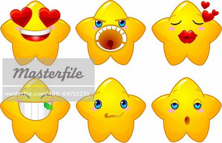 Set of characters of yellow stars with different faces, eyes, mouth and brushes