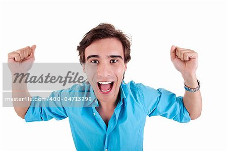 Portrait of a very happy young man with his arms raised, isolated on white studio shot