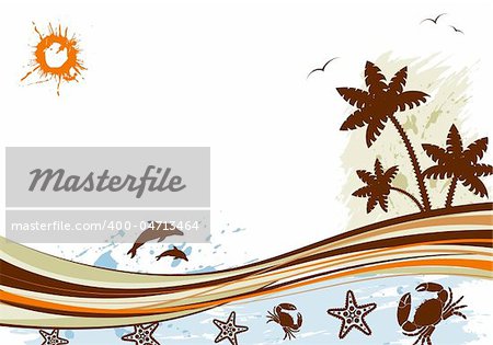 Grunge summer background with palm tree, dolphin, starfish, crab, wave pattern, vector illustration