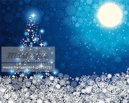 Abstract winter blue background, with stars, moon, snowflakes and Christmas tree, illustration