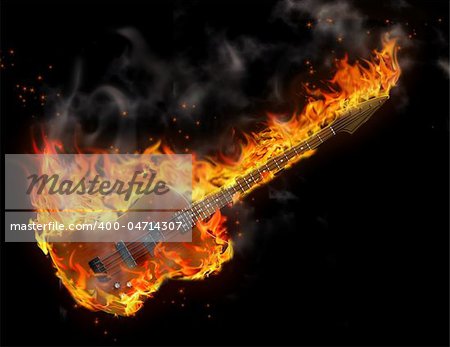 Black background and guitar is in flames