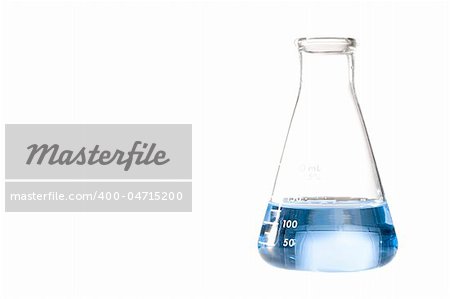 A blue liquid in an erlenmeyer flask isolated on a white background. A blue liquid in an erlenmeyer flask isolated on a white background.