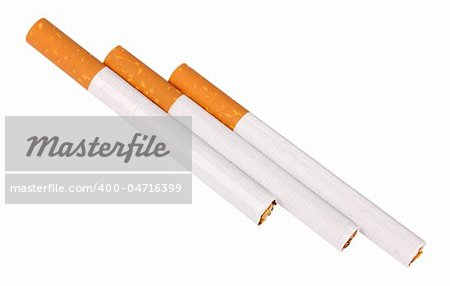 Three cigarettes with filter. Isolated on white background. Studio photography.
