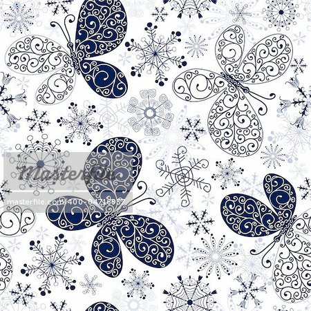 Seamless white-blue christmas pattern with snowflakes and butterflies (vector)