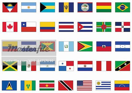 Complete vector set of flags from America. All objects are grouped and tagged with the country name.
