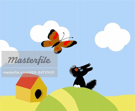 vector illustration of the small dog and butterflies