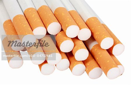 Heap of cigarettes with filter. Isolated on white background. Studio photography.