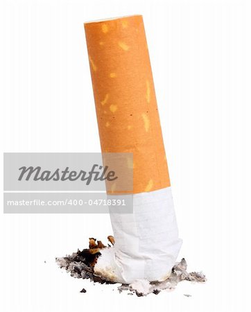 Single cigarette butt with ash. Close-up. Isolated on white background. Studio photography.