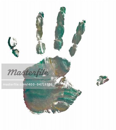 close up of colored hand print on white background