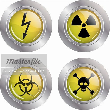 Illustration of a button with various warning signs on a white background.