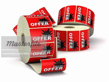 red special offer stickers on a bobbin, image is isolated over a white background with shadow