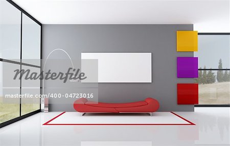 red fashion couch in a minimalist interior - rendering- the image on background is a my photo
