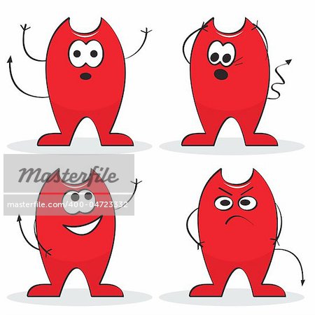 Set of four red cartoon devils. Vector illustration