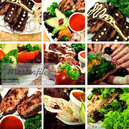 Collage of dishes with meat and vegetables