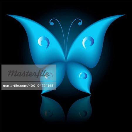 Vector illustration of blue icon simply butterfly on black background