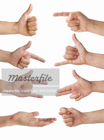 set of eight isolated hands with various gestures