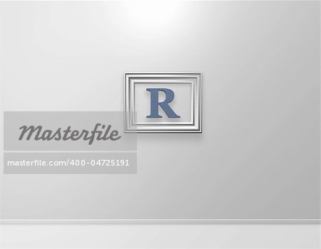 picture frame with letter r on white wall - 3d illustration