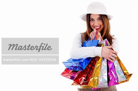 Portrait of Young lady happy with lot of shopping bags on a isolated background