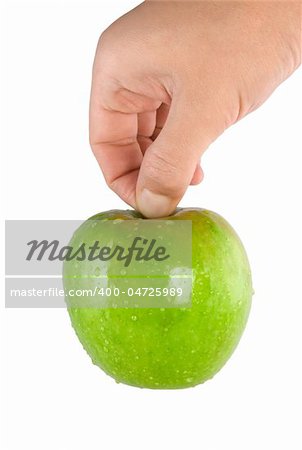 Green apple in hand isolated on white background (Path)