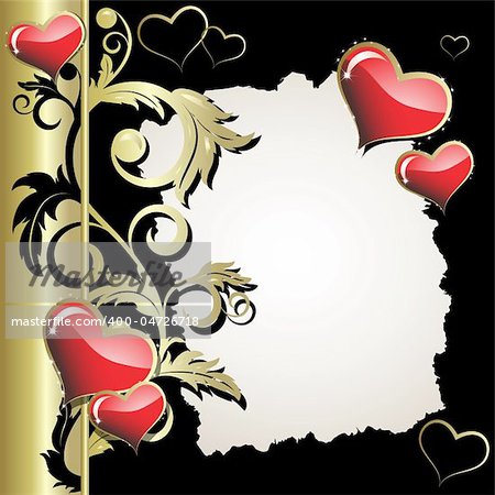 Hearts with a gold branch on a black background