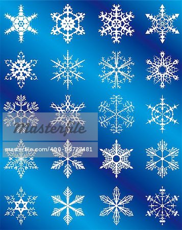 Collection of snowflakes on a blue background. Vector illustration. Vector art in Adobe illustrator EPS format, compressed in a zip file. The different graphics are all on separate layers so they can easily be moved or edited individually. The document can be scaled to any size without loss of quality.