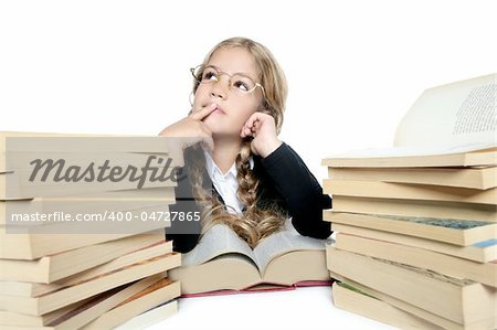 little thinking student blond braided girl with glasses smiling stacked books on white background