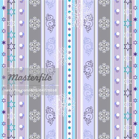 Seamless violet-white-blue striped christmas pattern with snowflakes (vector)