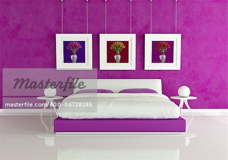 purple modern bedroom with frame with colored roses - rendering - the art picture on wall are my rendering composition