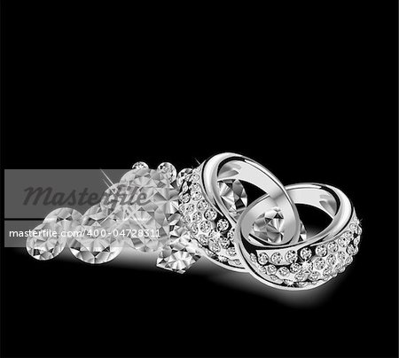 Silver wedding rings and diamonds Vector illustration