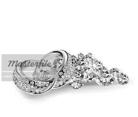 Silver wedding rings and diamonds Vector illustration