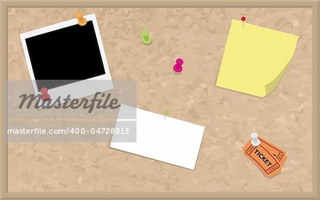 A cork board with blank design elements such as photographs, a business card, sticky notes and tickets.