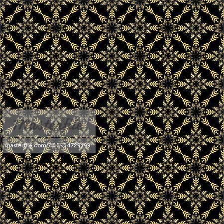 Seamless pattern. Golden on black. Vector art in Adobe illustrator EPS format, compressed in a zip file. The different graphics are all on separate layers so they can easily be moved or edited individually. The document can be scaled to any size without loss of quality.