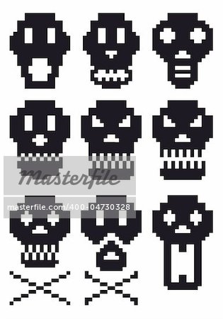 pixel skull icon set, vector