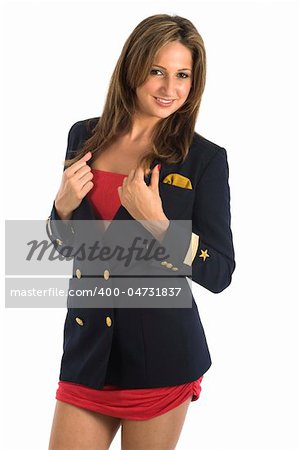 A young brazilian model in a studio shot, wearing a seaman's (or seawoman's) uniform, isolated on white.