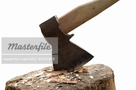 Axe in log isolated on white background