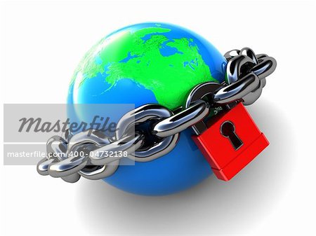 abstract 3d illustration of earth with chains and lock, over white background