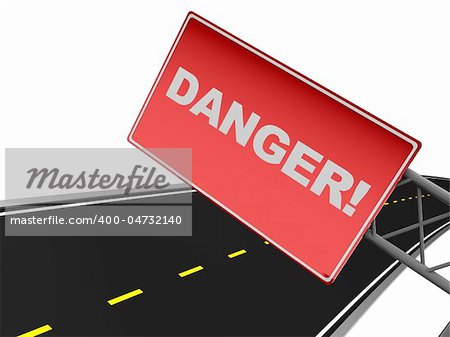 3d illustration of red danger sign and asphalt road at background