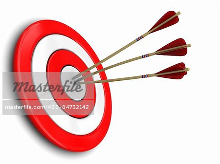 3d illustration of three darts in target center, over white background