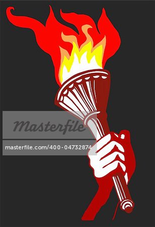 a hand holds a flaming torch high