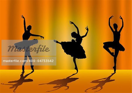 Vector illustration of three ballet dancers with stars and on background