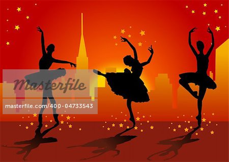 Vector illustration of three ballet dancers with stars and on background