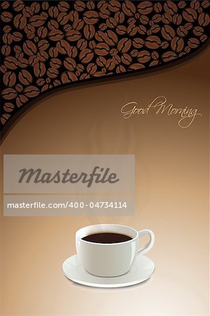 illustration of hot coffee with coffee beans and good morning text