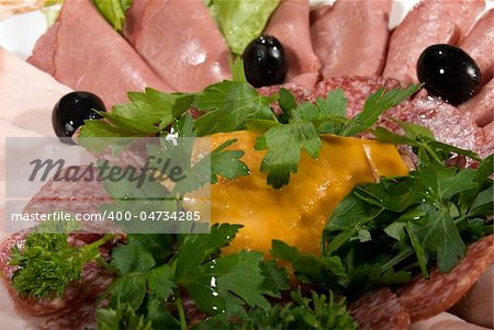 Appetizer made of  meat delicacies and salad