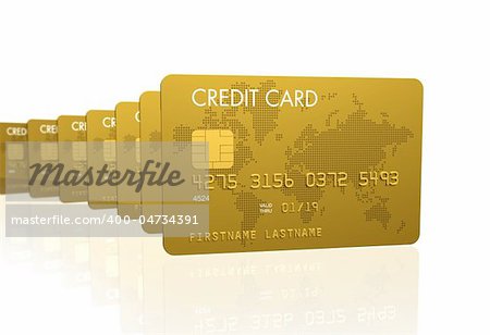 Gold credit cards serie, 3D render isolated on white