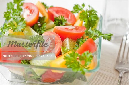 Fresh vegetables: tomatoes, cucumbers, a paprika and parsley in a plate. Near the fork and transparent glass