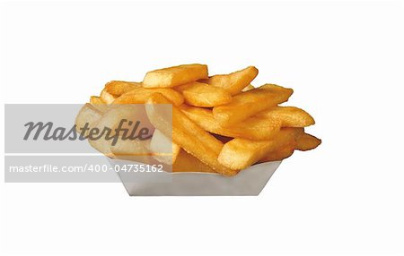 French fries in white box isolated on white background