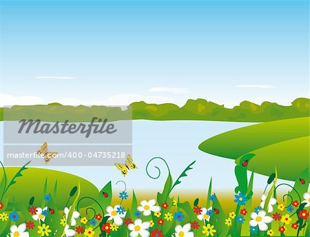 Flowers on the river bank. Vector illustration. Vector art in Adobe illustrator EPS format, compressed in a zip file. The different graphics are all on separate layers so they can easily be moved or edited individually. The document can be scaled to any size without loss of quality.