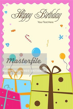 illustration of birthday card with gift boxes,balloons and happy birthday text